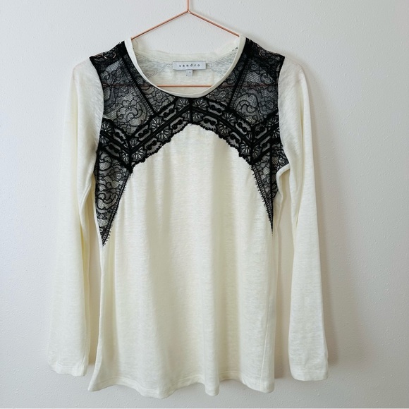 Sandro white linen black floral lace long sleeve T-shirt blouse top - Picture 6 of 10